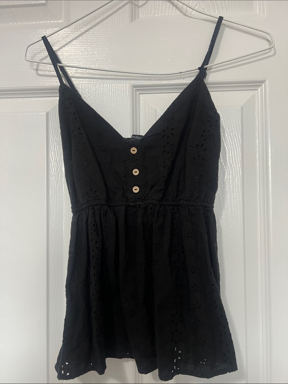 Ambiance Black Eyelet Spaghetti Strap Button Front Top